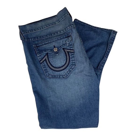 True Religion mens size 44 Blue Straight Jeans denim Iconic Horseshoe Stitching - Picture 1 of 12